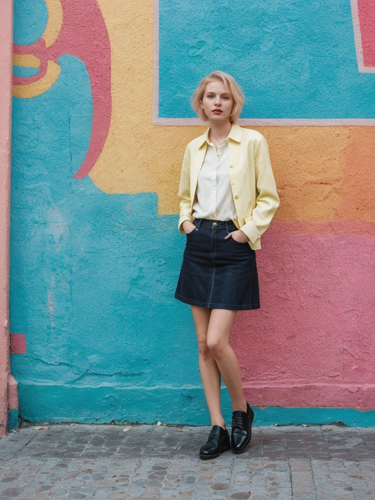 her name is Amelie, high quality, 1girl, ((25-year-old fit Caucasian woman)), ((25 years old)), ((SLIM)), ((short blonde hair)), pose: standing, wearing fashionable Generation-Z modern wear different colored, BACKGROUND:  "In the colorful Caminito Street in La Boca, with vibrant murals and tango dancers."