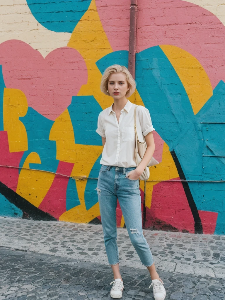 her name is Amelie, high quality, 1girl, ((25-year-old fit Caucasian woman)), ((25 years old)), ((SLIM)), ((short blonde hair)), pose: standing, wearing fashionable Generation-Z modern wear different colored, BACKGROUND:  "In the colorful Caminito Street in La Boca, with vibrant murals and tango dancers."