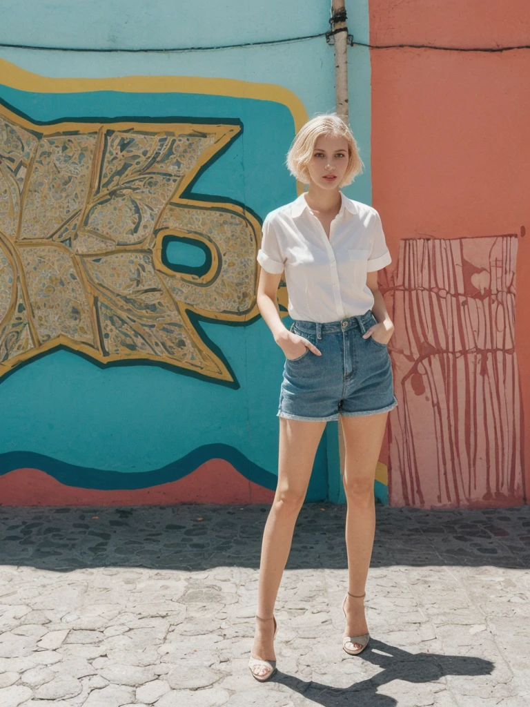 her name is Amelie, high quality, 1girl, ((25-year-old fit Caucasian woman)), ((25 years old)), ((SLIM)), ((short blonde hair)), pose: standing, wearing fashionable Generation-Z modern wear different colored, BACKGROUND: "In the colorful Caminito Street in La Boca, with vibrant murals and tango dancers."