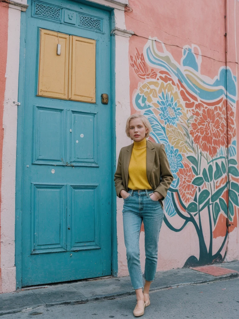 her name is Amelie, high quality, 1girl, ((25-year-old fit Caucasian woman)), ((25 years old)), ((SLIM)), ((short blonde hair)), pose: standing, wearing fashionable Generation-Z modern wear different colored, BACKGROUND: "In the colorful Caminito Street in La Boca, with vibrant murals and tango dancers."