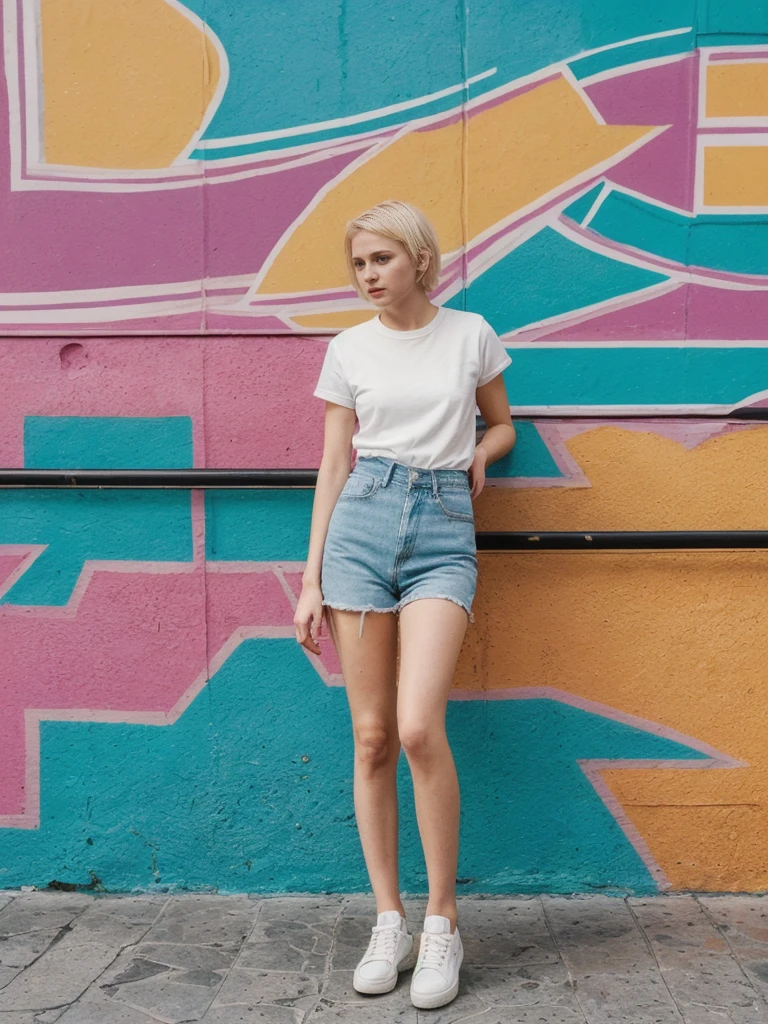 her name is Amelie, high quality, 1girl, ((25-year-old fit Caucasian woman)), ((25 years old)), ((SLIM)), ((short blonde hair)), pose: standing, wearing fashionable Generation-Z modern wear different colored, BACKGROUND: "In the colorful Caminito Street in La Boca, with vibrant murals and tango dancers."