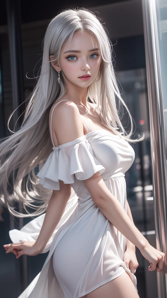 masterpiece, best quality, white dress,extremely detailed CG, white hair, best quality, illustration, an extremely delicate and beautiful, dynamic angle, (beautiful detailed eyes), (detailed light), blue eyes, finely detail, long hair