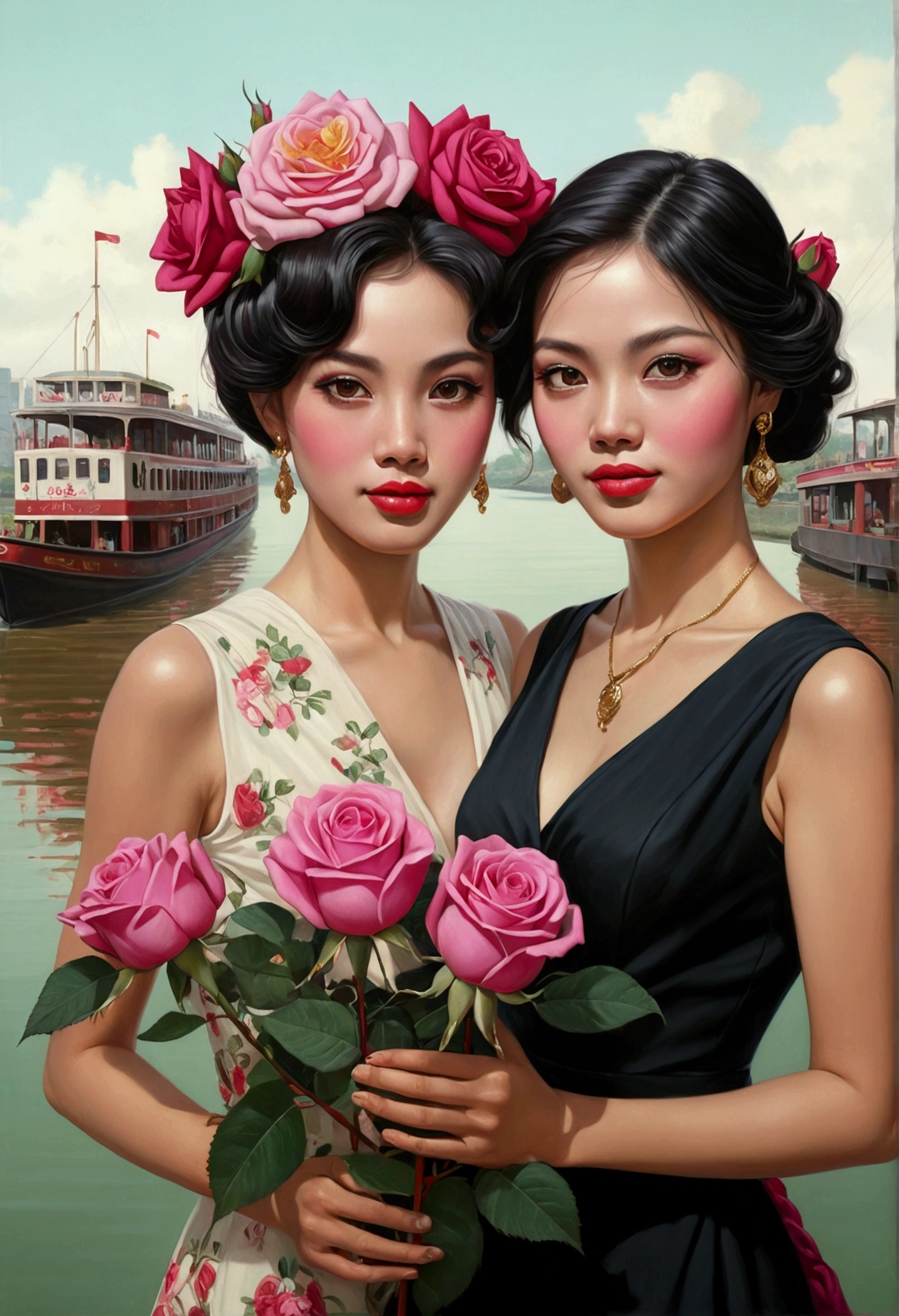 masterpiece, hyperdetailed face, realistic teeth and superdetailed big eyes, two woman holding a rose in her hand standing ferry in Saigon river background with clean air and pure river water see bottom, gorgeous two beauty woman smile actractive and pink mini rose in hair, beautiful retro art, holding red and green roses, vintage noir, artstyle tom bagshaw, gorgeous art, by Mark Brooks, red and golden and magenta roses, beautiful artwork, by Glen Angus, UHD, 48K.