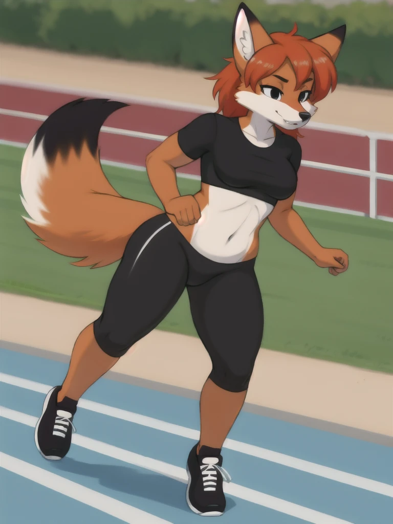 Furry, fox, female, black shirt, black leggings, shoes, running track, solo, full body