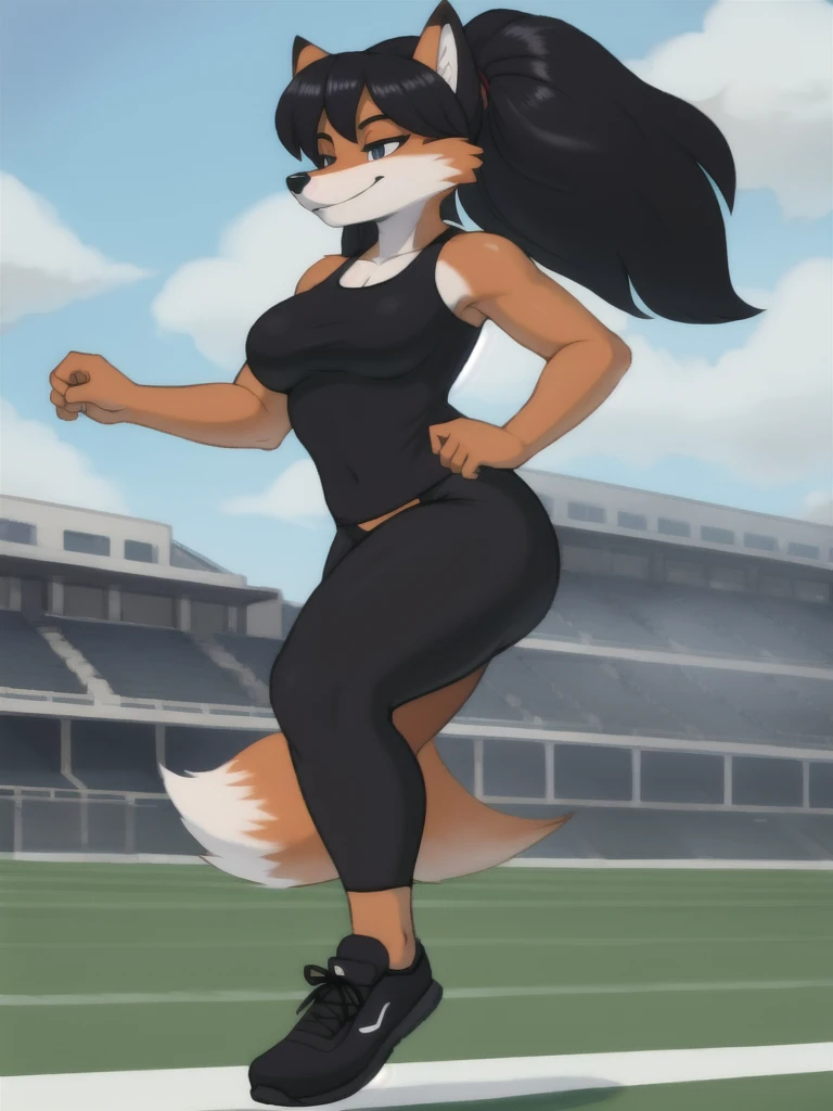 Furry, fox, female, black shirt, black leggings, shoes, running track, solo, full body