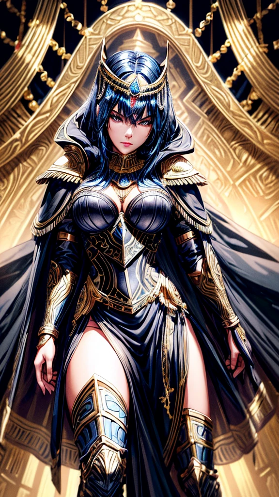 intricate detailed portrait of an egyptian female warrior, black armored suit with golden accents, blue cape, black headdress with blue gemstones, short black hair with blue highlights, softly lined eyes and light red lips, full body shot, high leg slit dress