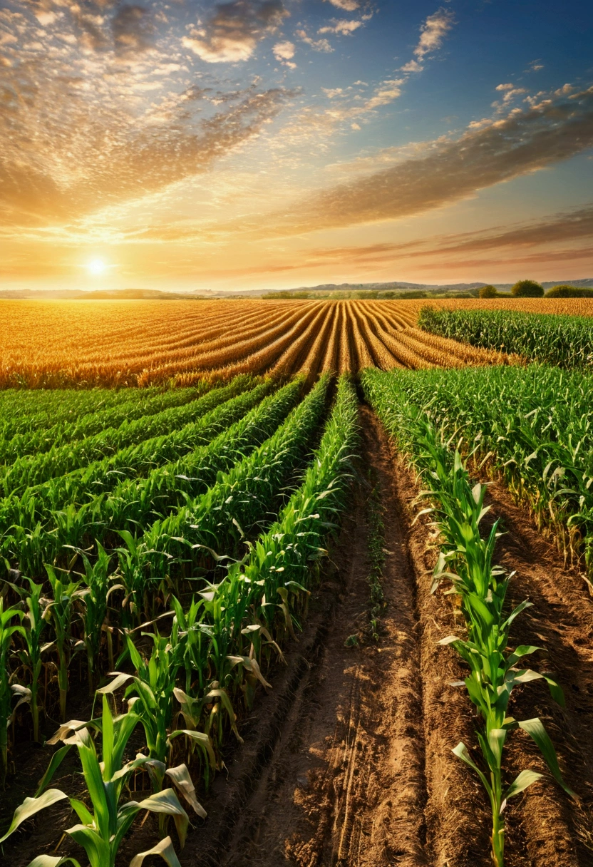 high quality,high resolution,Extremely detailed,realistic cornfield, Vibrant colors, Natural Lighting, Peaceful atmosphere, Rustling Leaves, Golden sunset, Vast landscape, summer harvest, Harvest, peaceful, natural beauty, Rural scenery, Agricultural background, Fertile soil, Endless cornfields, Tall stems, Swaying in the breeze, Birds chirp, Farmhouse in the distance, Simple, peaceful, peaceful的环境, Vast field, Clear blue sky, The wind whispered, peaceful的乡村, Idyllic setting,Real picture,There is a road in the middle,Corn is everywhere