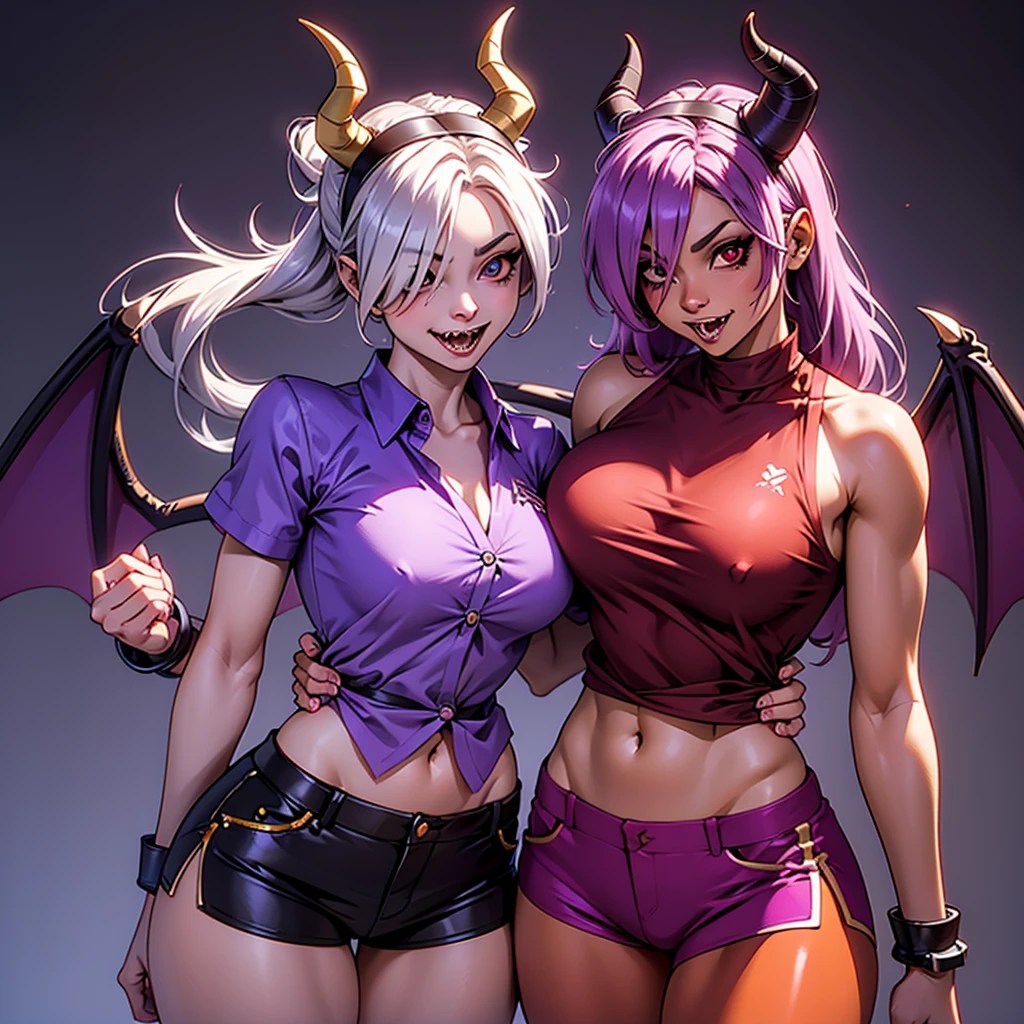 colettetrixie, red skin, sharp teeth, hair over one eye, hairband, demon horns, colored sclera, purple shirt, purple shorts, demon wings, shiranui mai