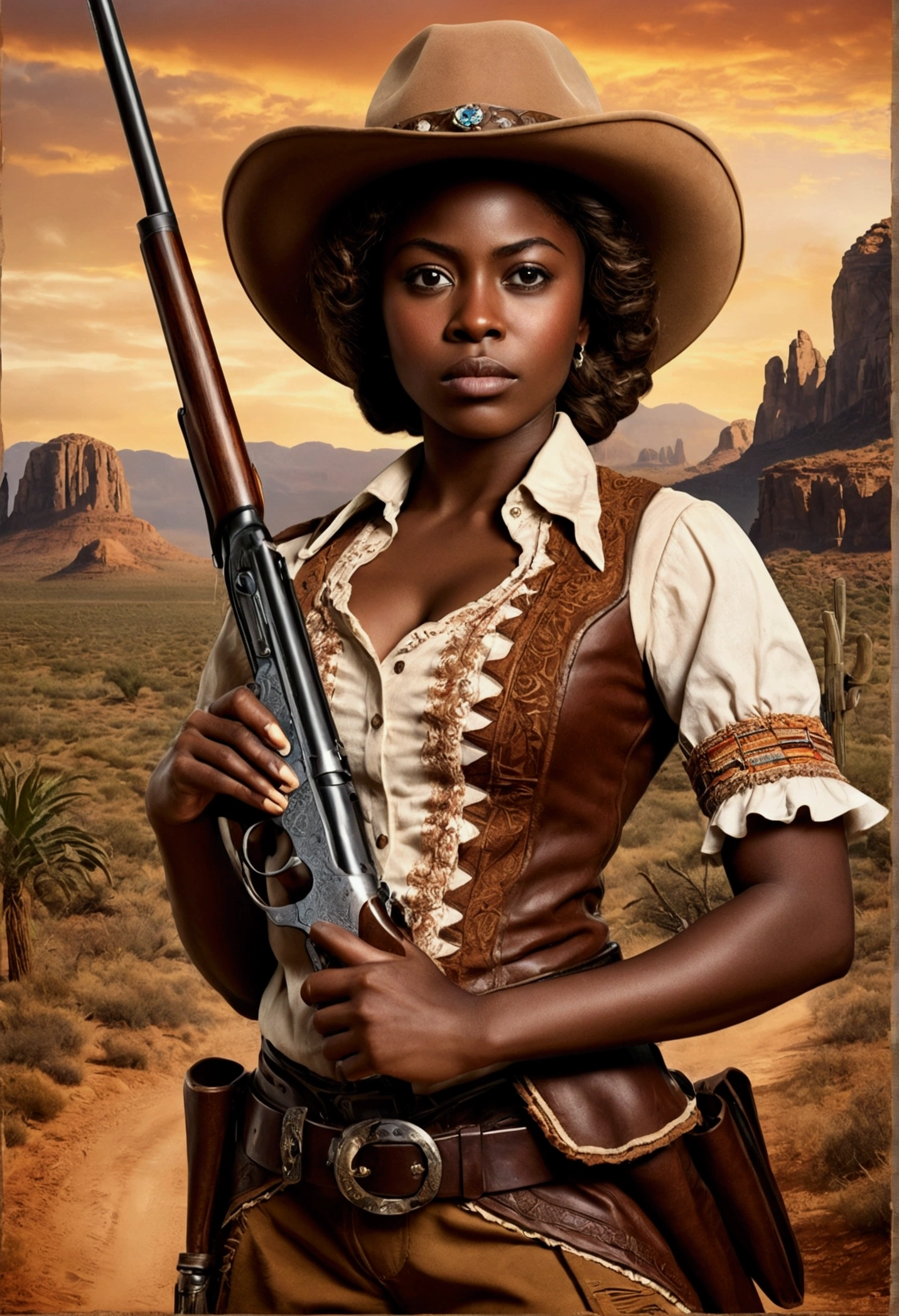 creative western film cover with an African Woman, darkskin, western film character, Sexy girl with brown eyes, ultra realist, meticulously detailed, wearing period clothes. she is holding a rifle. The image is a western film cover