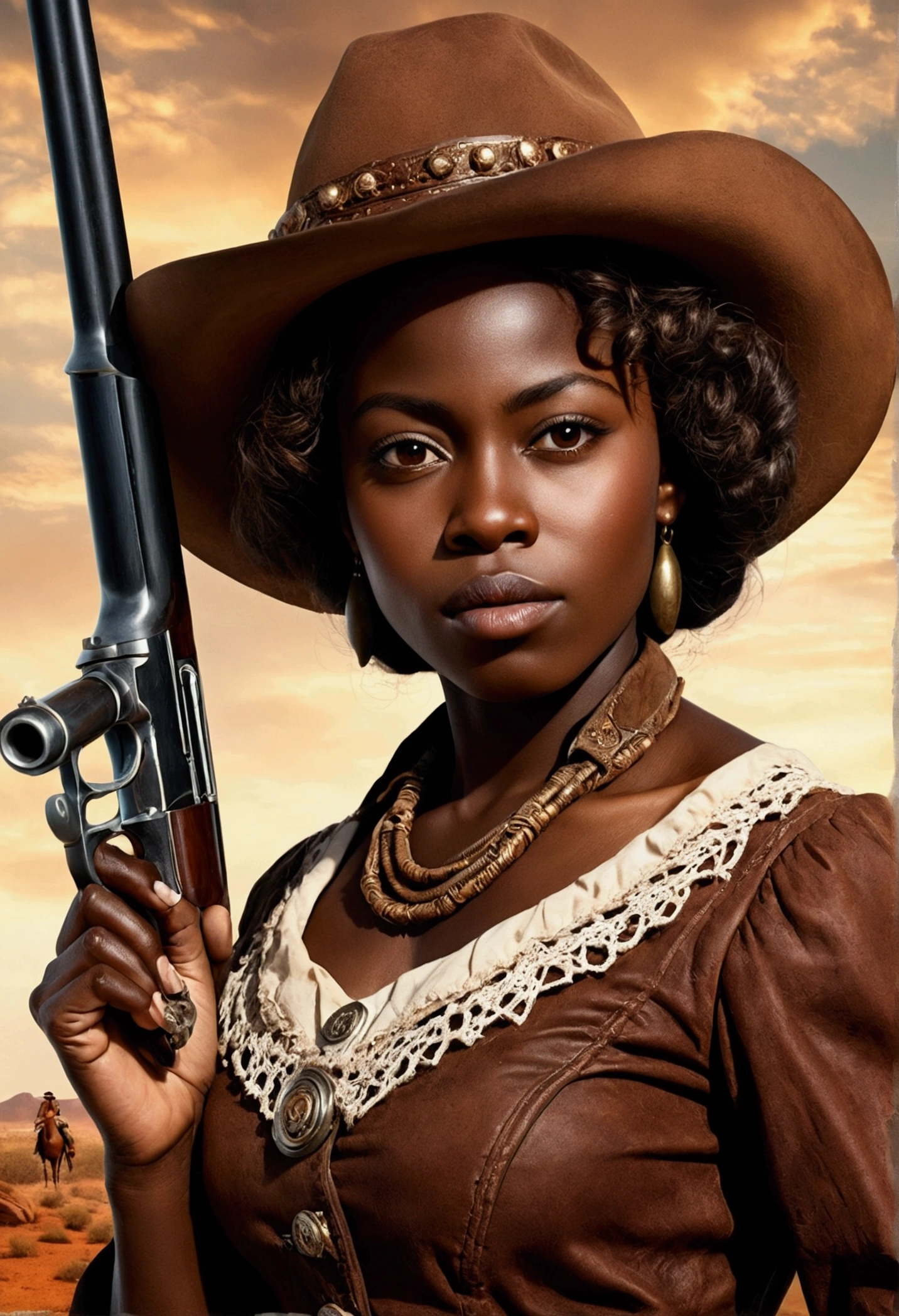 creative western film cover with an African Woman, darkskin, western film character, Sexy girl with brown eyes, ultra realist, meticulously detailed, wearing period clothes. she is holding a rifle. The image is a western film cover