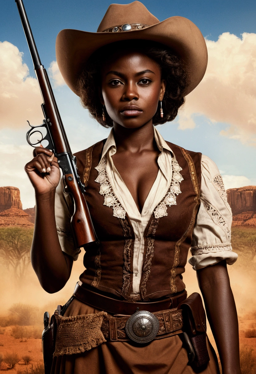 creative western film cover with an African Woman, darkskin, western film character, Sexy girl with brown eyes, ultra realist, meticulously detailed, wearing period clothes. she is holding a rifle. The image is a western film cover