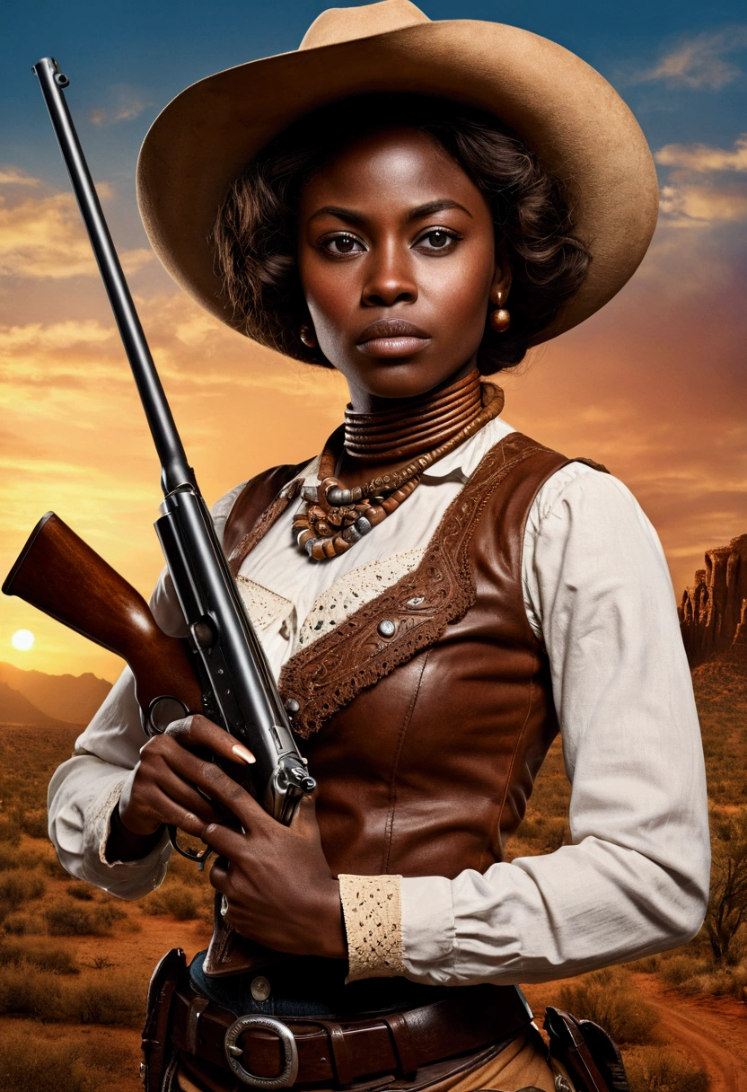 creative western film cover with an African Woman, darkskin, western film character, Sexy girl with brown eyes, ultra realist, meticulously detailed, wearing period clothes. she is holding a rifle. The image is a western film cover
