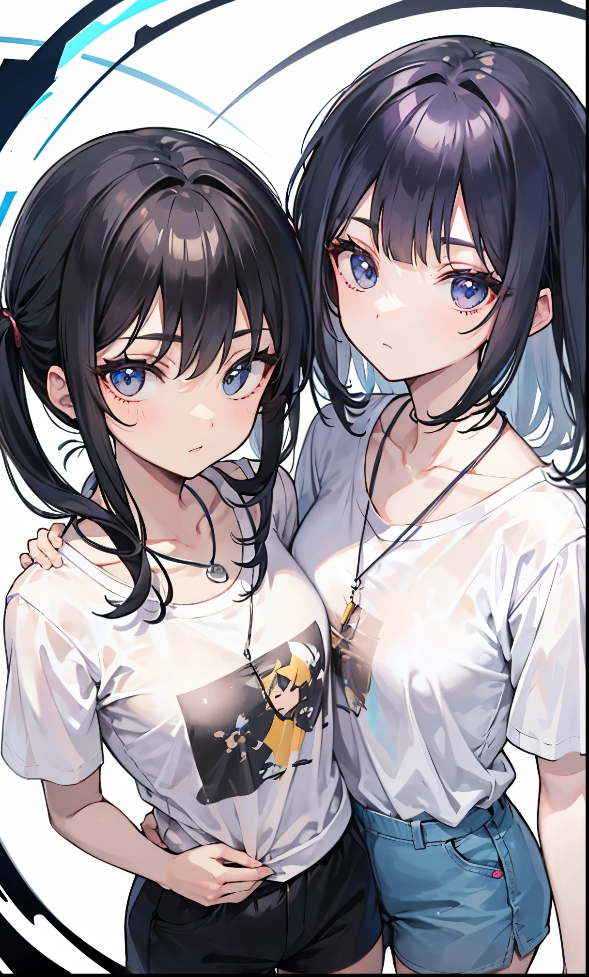 猫とgirl, Black cat with golden eyes, girl&#39;hair color is silver、eyes are blue.,cute、anime style、illustration style、the background is white