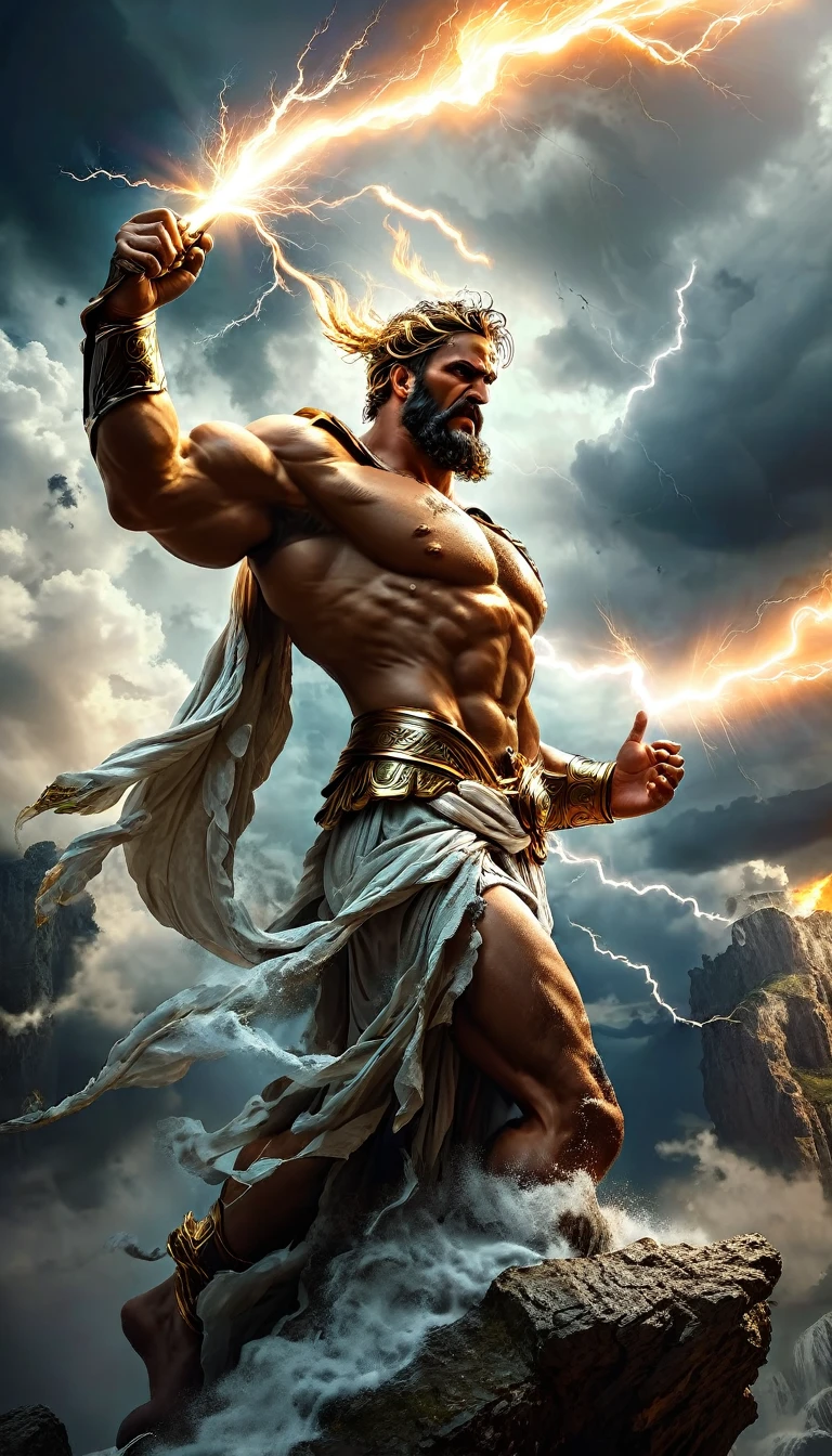 arafed image of a man with a lightning bolt in his hand, furious god Zeus, the god zeus, epic scene of Zeus, the greek god, the greek god, greek myth digital painting, Zeus, the god poseidon, portrait of greek god ares, ancient god, olympian god, statue of zeus, portrait of zeus, the god hades, greek mythology characters, dynamic,dramatic,cinematic,highly detailed,4k,realistic,photorealistic,professional lighting,chiaroscuro,dark,gritty,grunge,powerful,intense,epic