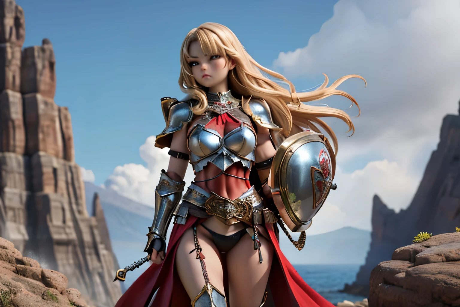 high resolution,high quality,Perfect body,Full face,One Girl,Bikini Armor,Large bikini armor,(metal bikini),Silver Bikini Armor,(Armor covering the waist:1.5),Holding a sword,(Blonde),Straight Hair,Looking straight at the camera,Serious expression,Red Cape,Fluttering Mantle Volcanic Zone,Burning dead tree,Hot rock,The rocks glow red,Smoke billows
