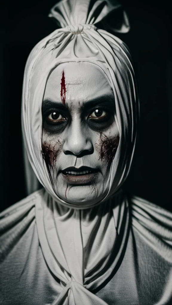 Pocong . Ghost.(( Scary face.))((White eyes)) Skeleton. Movie mood horror. Blood on face. ((Realistic)). Big eyes. White eyes.((solo)). At banana leaves . Ripped skin. Skeleton