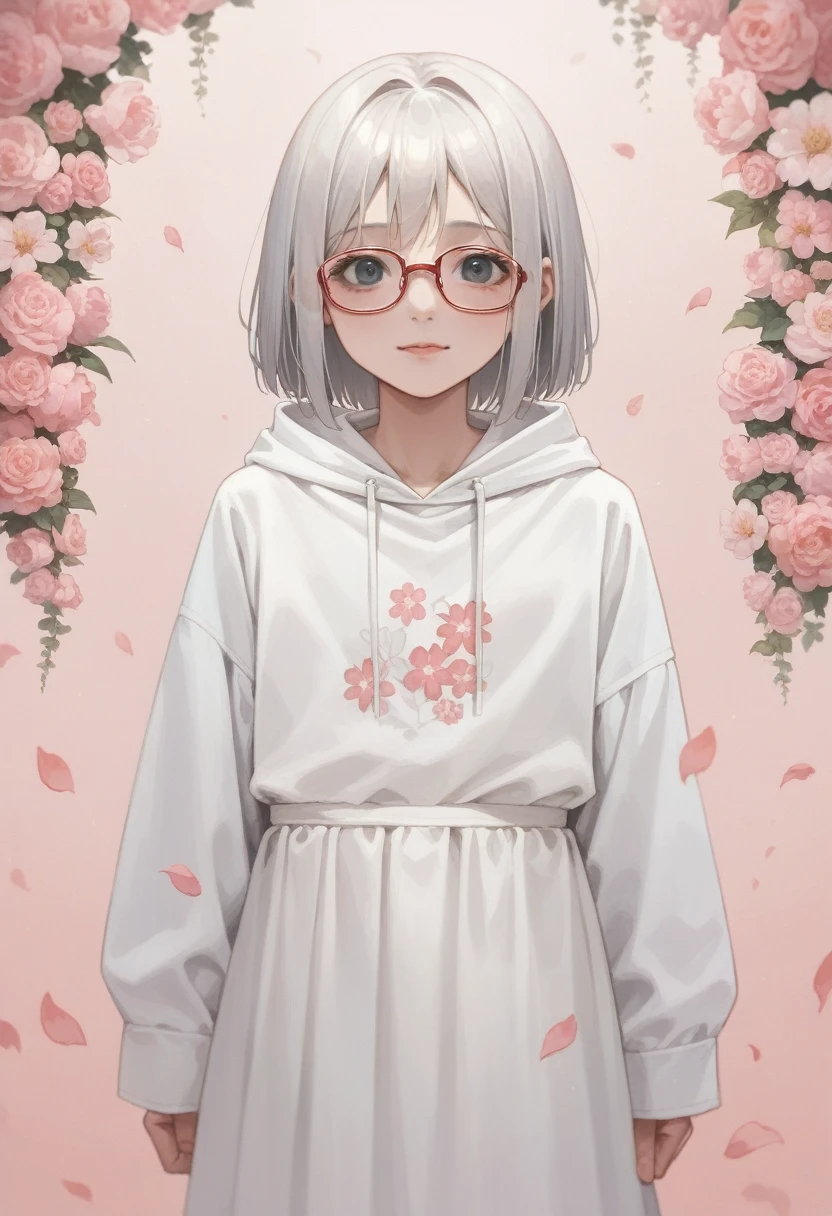 anime girl with white hair and glasses standing in front of a pink background, in dress, sakura petals around her, haruno sakura, gapmoe yandere, inspired by Rei Kamoi, silver hair girl, nyaruko-san, inspired by Rumiko Takahashi, wearing a hoodie and flowers, white dress!! of silver hair,