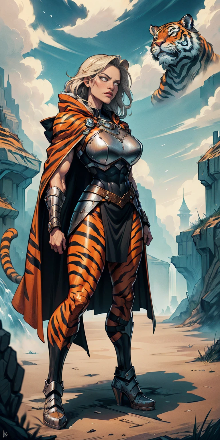 1 Girl (implying one person, likely female)
Full Body: Standing with perfect symmetry
Muscular Build: Strong and defined physique
Turned Arms: Muscular arms positioned behind her back
Theme:
Epic Fantasy: Set in a fantastical world
Asgard: Inspired by Norse mythology (can be subtle or more prominent)
Valkyrie/Lady Knight: Combining elements of a fierce warrior and noble protector
A motif incorporated into her armor, clothing, or environment (tiger stripes, or a tiger pelt cloak)
Visual Style:
Hyper Realistic: Incredibly lifelike detail
Masterpiece: Exceptional quality
8K Resolution: Sharp and high definition
Detailed Drawing: Intricate and richly textured
Superior Quality: The best possible rendering
Epic Composition: Dramatic and visually stunning