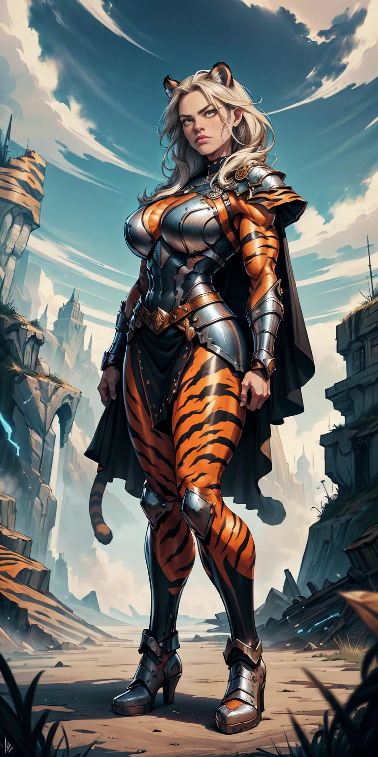 1 Girl (implying one person, likely female)
Full Body: Standing with perfect symmetry
Muscular Build: Strong and defined physique
Turned Arms: Muscular arms positioned behind her back
Theme:
Epic Fantasy: Set in a fantastical world
Asgard: Inspired by Norse mythology (can be subtle or more prominent)
Valkyrie/Lady Knight: Combining elements of a fierce warrior and noble protector
A motif incorporated into her armor, clothing, or environment (tiger stripes, or a tiger pelt cloak)
Visual Style:
Hyper Realistic: Incredibly lifelike detail
Masterpiece: Exceptional quality
8K Resolution: Sharp and high definition
Detailed Drawing: Intricate and richly textured
Superior Quality: The best possible rendering
Epic Composition: Dramatic and visually stunning
