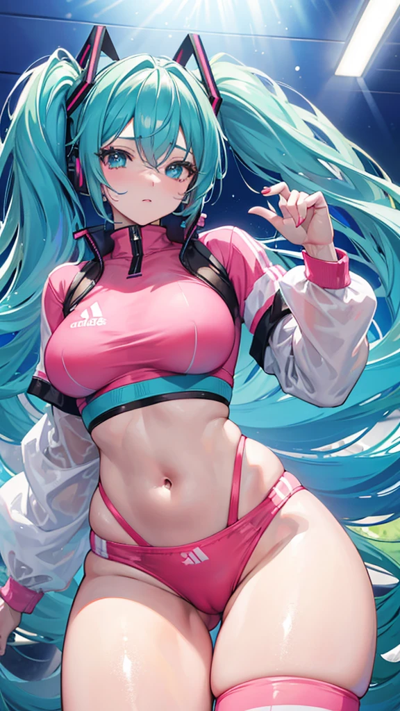 a busty age Hatsune Miku with curly pink fur, wearing very tight Adidas traslúcido sportswear that accentuates her camel toe, at a football camp, extremely detailed, photorealistic, 8k, high quality, studio lighting, vivid colors, beautiful detailed eyes, beautiful detailed lips, extremely detailed face