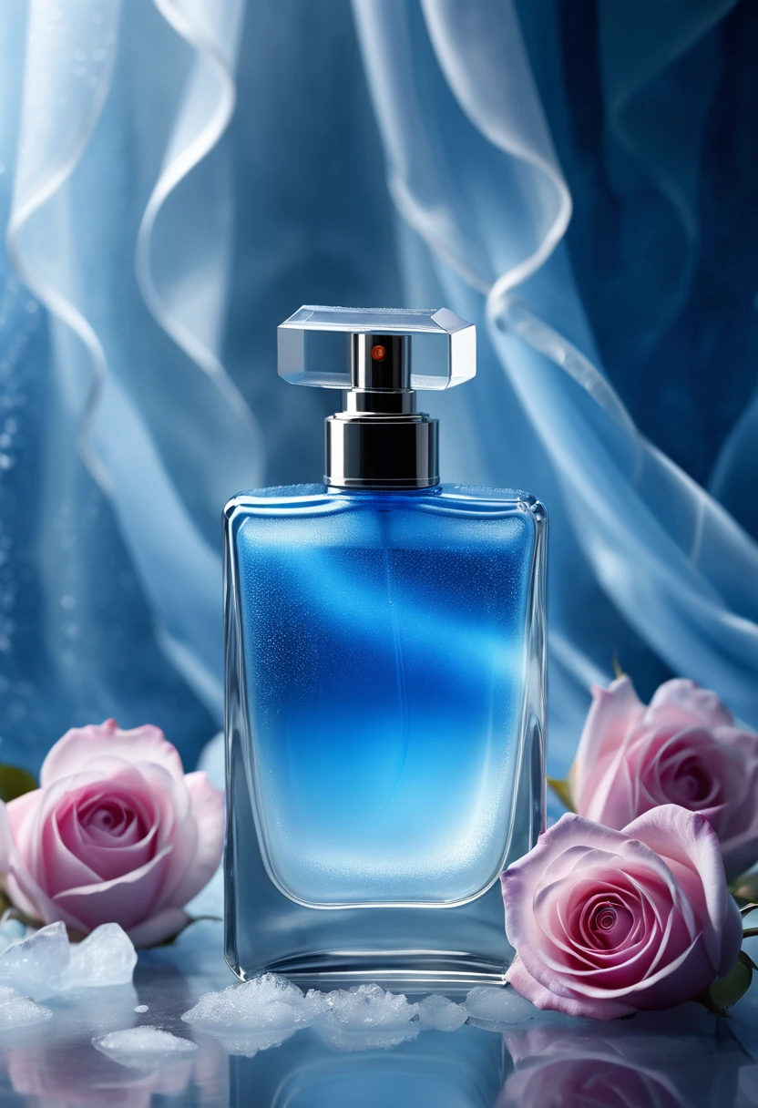 photorealistic of a vaporizer parfume square bottle from ice glass content of arctic liquid three quarter part(accurate prompt:1.8)vaporizing a arctic-blue vapor(arctic to blue fog gradation:0.7)(fog::1.5), sprayed to blue rose petal(rose:1.2)silver silk curtain background, vaporizing, glowing curtain, oval vignette, focus on the bottle, focus on vapor, midst, UHD, best quality wallpaper, 8k, dramatic light, intricate detailed,