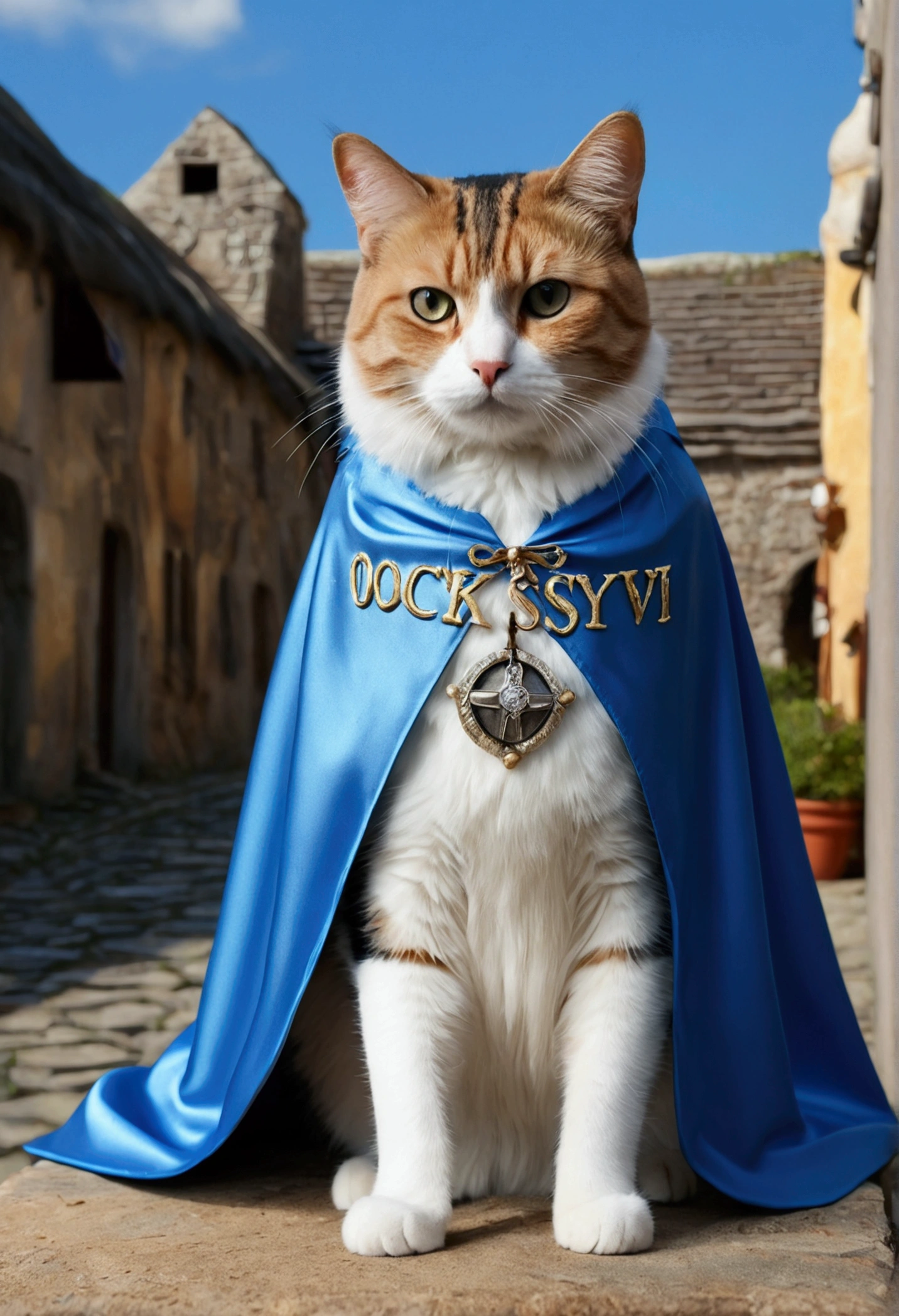 (best quality,4K,8k,A high resolution written "Ocksyi" on the cape),ultra detail, fantasy background, (Realistic,photorrealistic,photo-realistic:1.37), cat, wearing cape, written "OCKSYI" in the cape, (OCKSYI on the cape)