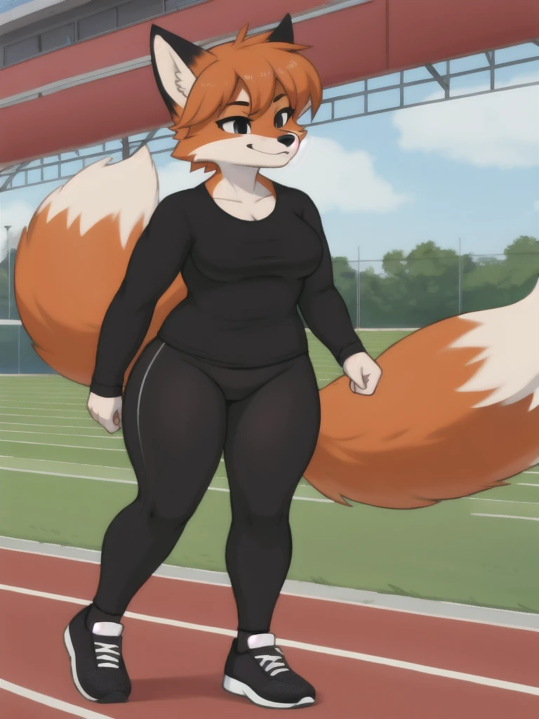 Furry, fox, female, black shirt, black leggings, shoes, running track, solo, full body