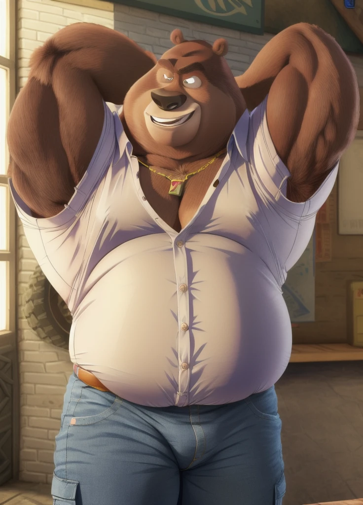 Baloo (the jungle book), detailed fur, muscular male, musclegut, belly, fat, beer belly, (overweight: 2.0) muscular arms, muscular thighs, hairy, (muscular: 1.5), seductive smile, smirk, naughty face, sexy, looking at viewer(posing:1.3), (soft shading), 4k, hi res, five fingers, detailed hands, ((detailed face, (detailed eyes:1.5), detailed pupils, zackarry911, by zaush, (by personalami:0.5), solo, 1boy, navel, standing up, stripper, pole dancing, hands grabbing pole, money, people throwing money, naked, nipples, fluffy tail, bear tail, detailed tail, male focus, thighs, stomach, slightly opened mouth, canine teeth, feet out of frame, thick thighs, abs, massive penis, dick, balls, (oily:1.2), erection, cum, naked male, hairy, facial hair, ruffled fur, bare pectorals, stage, facing viewer, bar background, dark lit, stage lights