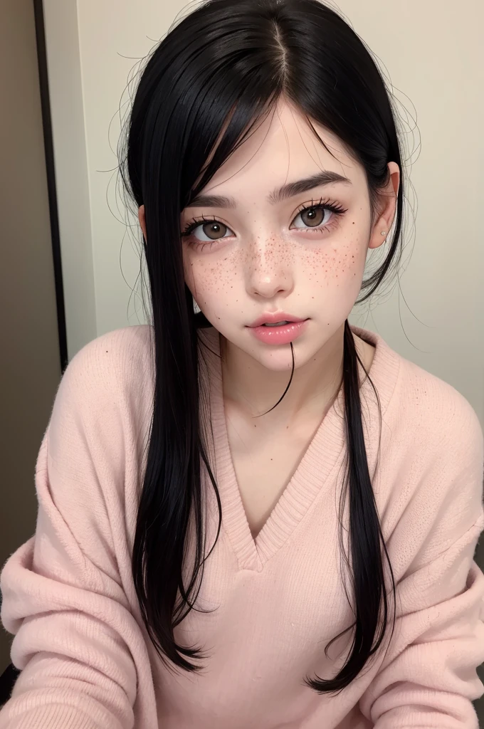 White girl, with straight black hair, eyes browns, pink mouth and freckles on the cheek
