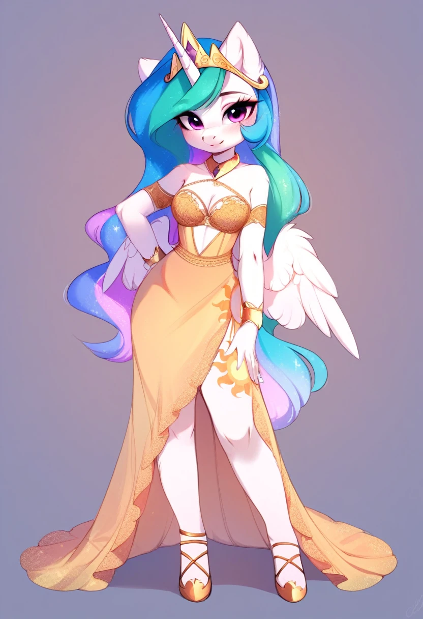 check_9, check_8_up, check_7_up, source_fluffy, rating_safe, from Magnaluna, Celestia poses seductively in a white bedroom, pink eyes, white body, anthro, blushing, wearing tight golden lingerie skirt, full body