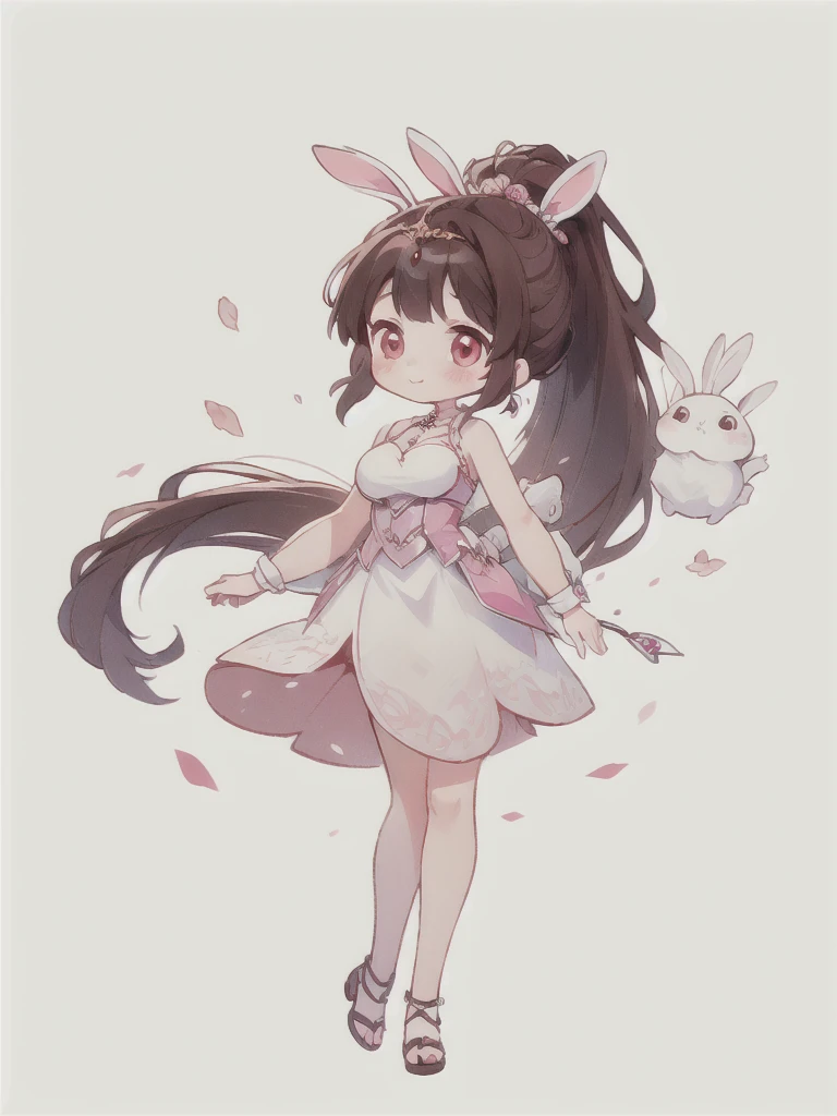 best quality, Cute light-skinned baby,chibi anime,chibi, Long brown hair,High Ponytail,((Rabbit ear hair ornaments)),Shouhui,cute,Pink Eyes,(((full body))),Standing,Bunny,Leaves,Falling pink petals,White long skirt,revel,Long skirt,Silver pattern,1girl,Bare legs,big breast,cleavage,Bright colors,Solid color background,Black edge line,White background,Solid color background,jewelry,Jewelry