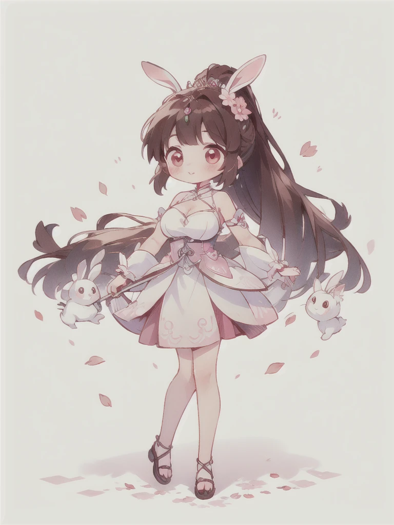 best quality, Cute light-skinned baby,chibi anime,chibi, Long brown hair，High Ponytail，((Rabbit ear hair ornaments)),Shouhui,cute，Pink Eyes,（((full body))），Standing，Bunny，Leaves，Falling pink petals，White long skirt，revel,Long skirt，Silver pattern，1girl,Bare legs,big breast,cleavage，Bright colors，Solid color background,Black edge line，White background，Solid color background，jewelry，Jewelry