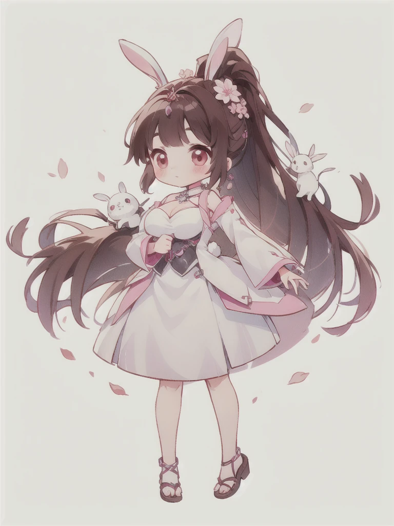 best quality, Cute light-skinned baby,chibi anime,chibi, Long brown hair,High Ponytail,((Rabbit ear hair ornaments)),Shouhui,cute,Pink Eyes,(((full body))),Standing,Bunny,Leaves,Falling pink petals,White long skirt,revel,Long skirt,Silver pattern,1girl,Bare legs,big breast,cleavage,Bright colors,Solid color background,Black edge line,White background,Solid color background,jewelry,Jewelry