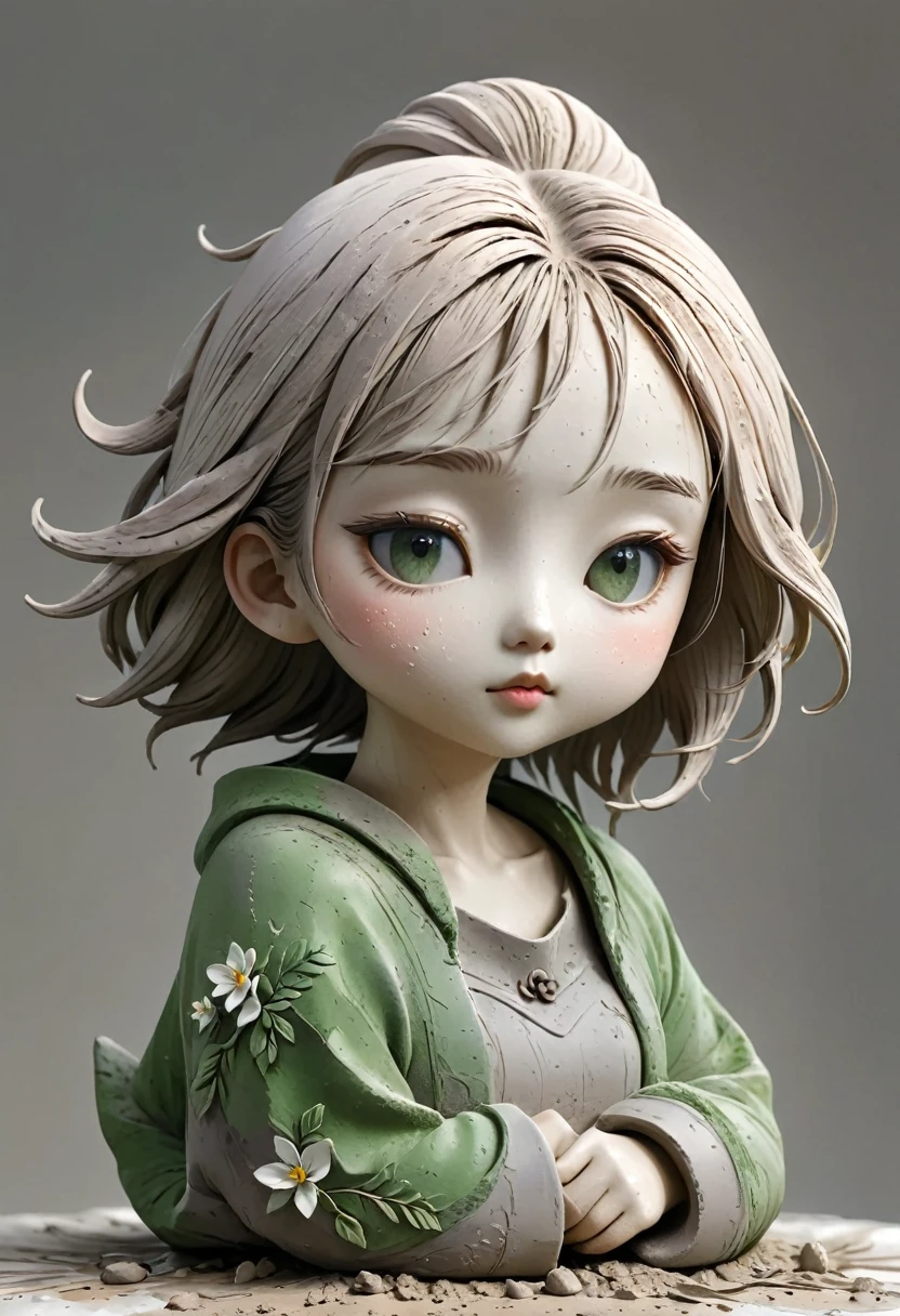 (Best quality：1.2），clay，Pottery，rough，Mineral pigments，3d，clay雕塑艺术，rough表面，（work，Abandoned Sculpture，Minimalist Sculpture，1 girl，Art Blush，cute，rough表面，Surface patterns and textures，Surface scratches，Granular，Old，Damaged，moss，rain，A small white flower，one，Concept Art，）。