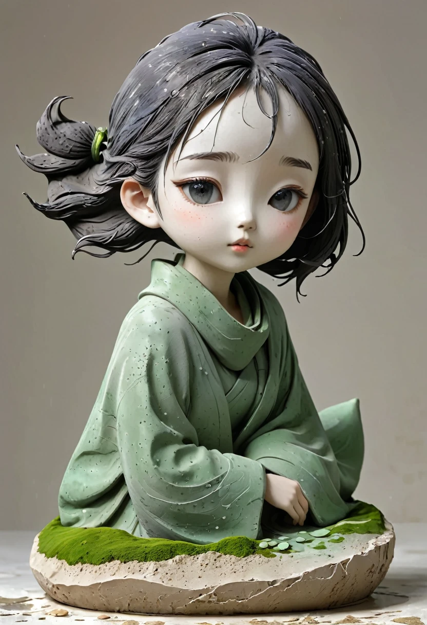 (Best quality：1.2），clay，Pottery，rough，Mineral pigments，3d，clay雕塑艺术，rough表面，（work，Abandoned Sculpture，Minimalist Sculpture，1 girl，Art Blush，cute，rough表面，Surface patterns and textures，Surface scratches，Granular，Old，Damaged，moss，rain，A small white flower，one，Concept Art，）。