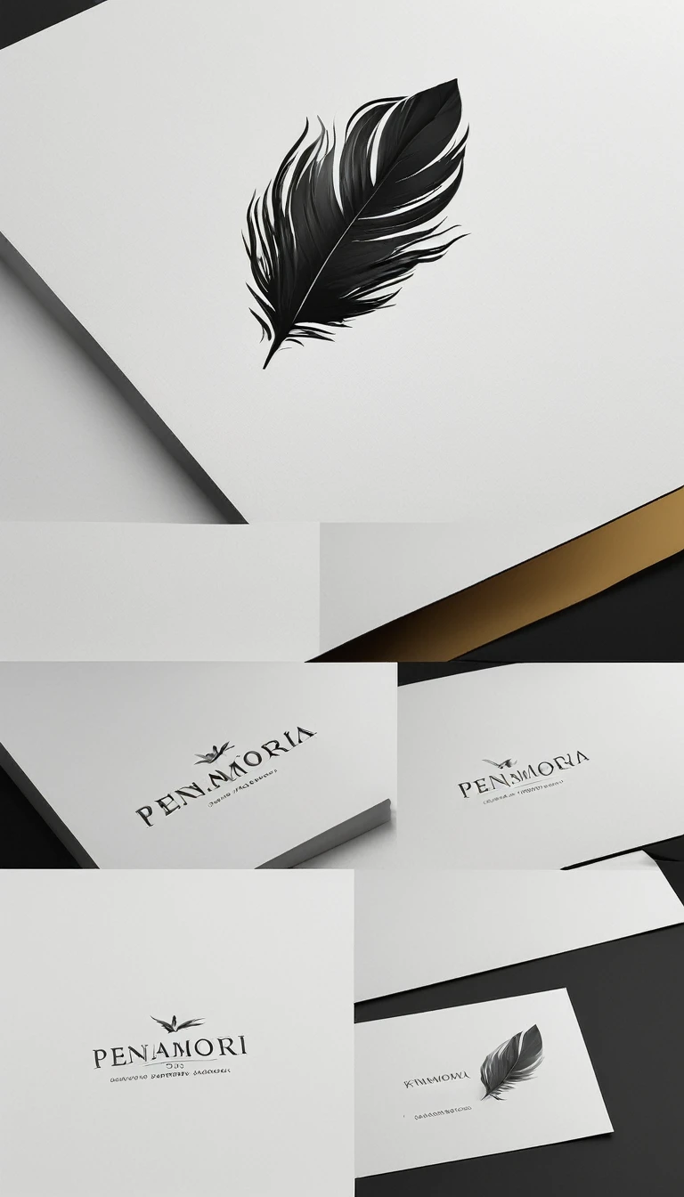 A minimal, modern, simple, cinematic logo design for the brand “Penamemoria". Create a modern, minimalistic, high-quality, logo of a feather that convey a sense of memories and dreams