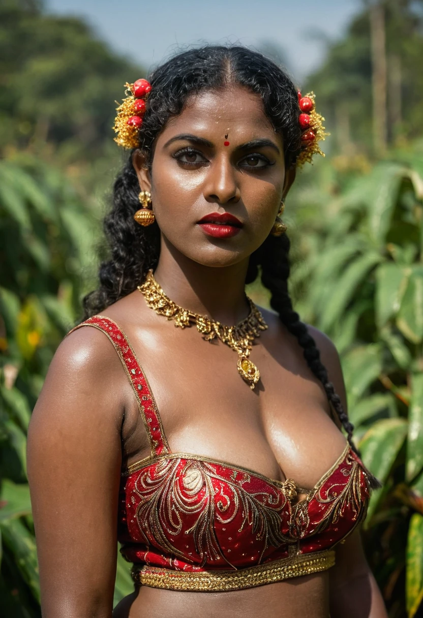 (((photo of a ancient kerala nude goddess ))), (((black kali))) , (((Half Body))), (((very dark skin))), (((45 years old))), (((((very dark nipple and areola))))) (((plus size chubby tall))), (((huge busty milky wet big massive boobs))), (((nude thick thigh))), (((ancient black mini skirt))), ((black skin dark body)), (((red ornaments))), (((depth of field))), ((( flame bokeh))), (((rain))), ((( flashing light leaks))), (((divine))), photorealistic,photo, realism, Getty Images, RAW candid cinema, 16mm, colour graded portra 400 film, remarkable colour, ultra realistic, textured skin, remarkable detailed pupils, realistic dull skin noise, visible skin detail, skin fuzz, dry skin, shot with cinematic,light leaks, RAW Image, DOF, depth of field,bokeh