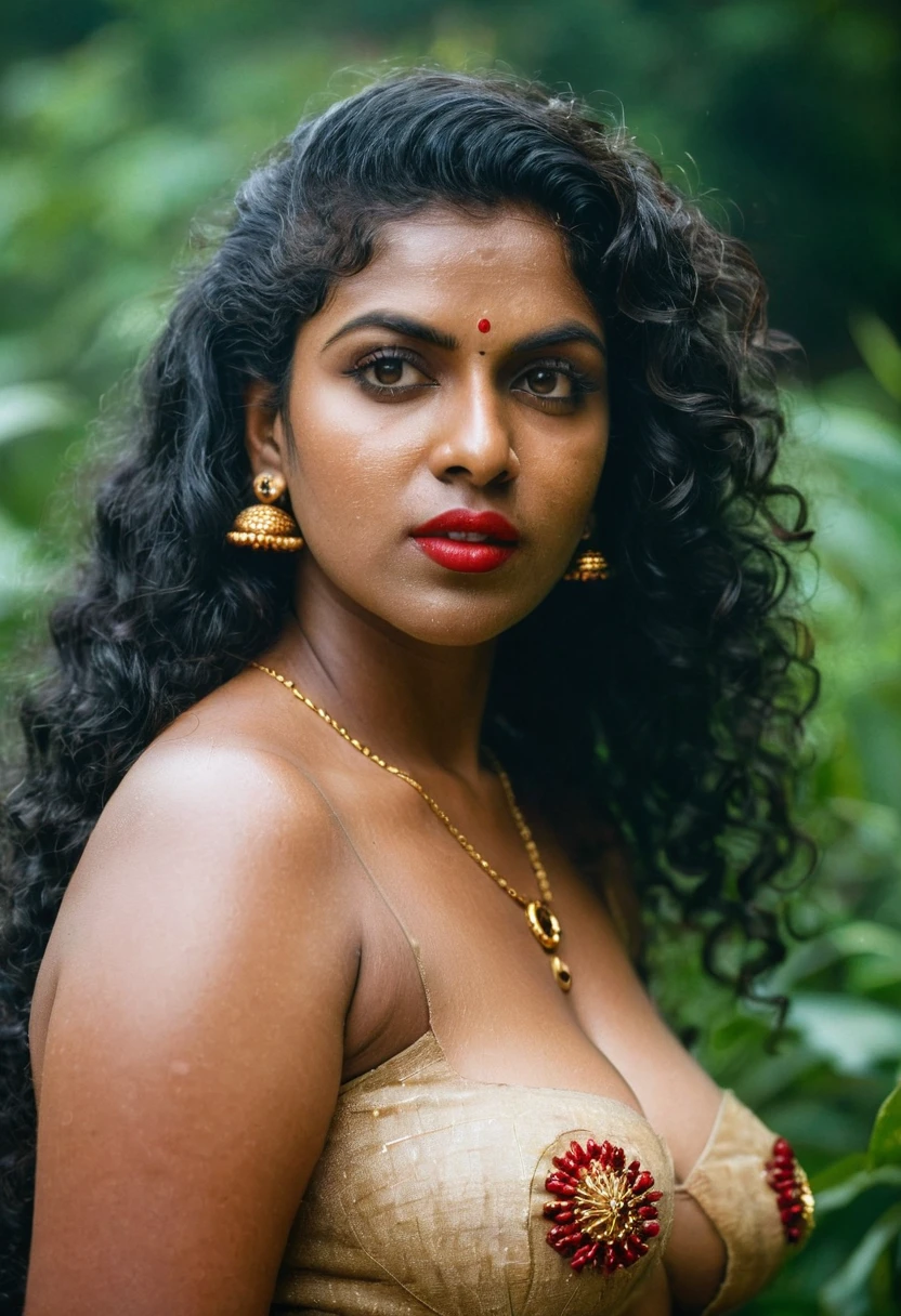 (((photo of a ancient kerala nude goddess ))), (((black kali))) , (((Half Body))), (((very dark skin))), (((45 years old))), (((((very dark nipple and areola))))) (((plus size chubby tall))), (((huge busty milky wet big massive boobs))), (((nude thick thigh))), (((ancient black mini skirt))), ((black skin dark body)), (((red ornaments))), (((depth of field))), ((( flame bokeh))), (((rain))), ((( flashing light leaks))), (((divine))), photorealistic,photo, realism, Getty Images, RAW candid cinema, 16mm, colour graded portra 400 film, remarkable colour, ultra realistic, textured skin, remarkable detailed pupils, realistic dull skin noise, visible skin detail, skin fuzz, dry skin, shot with cinematic,light leaks, RAW Image, DOF, depth of field,bokeh