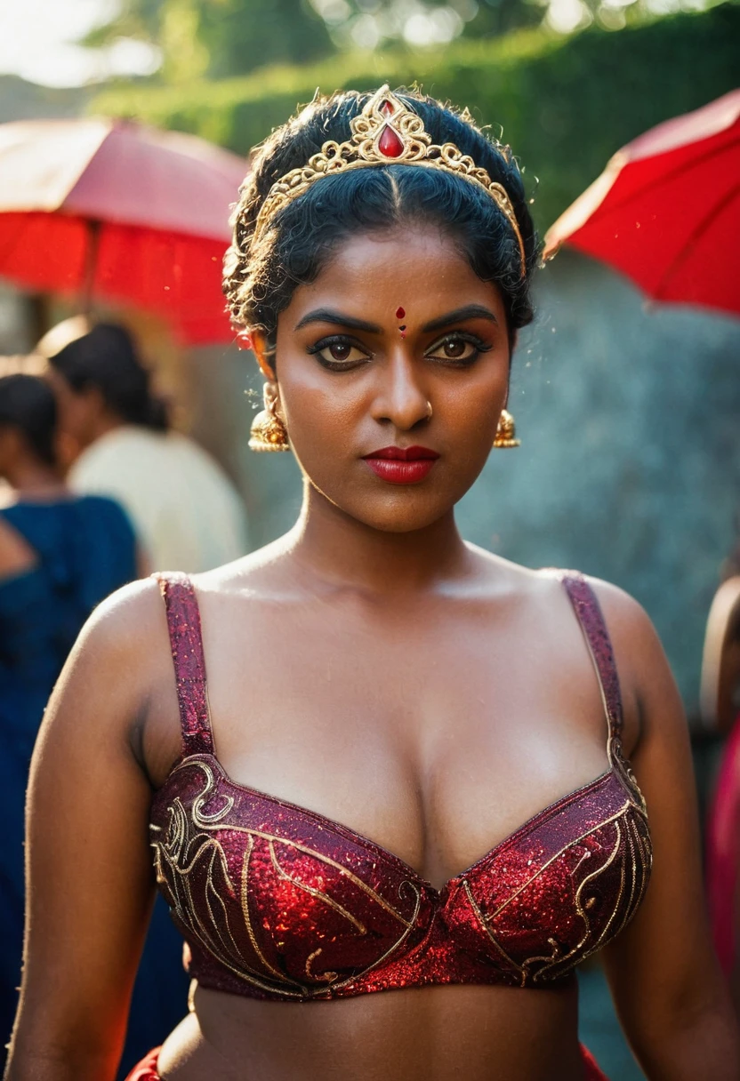 (((photo of a ancient kerala nude goddess ))), (((black kali))) , (((Half Body))), (((very dark skin))), (((45 years old))), (((((very dark nipple and areola))))) (((plus size chubby tall))), (((huge busty milky wet big massive boobs))), (((nude thick thigh))), (((ancient black mini skirt))), ((black skin dark body)), (((red ornaments))), (((depth of field))), ((( flame bokeh))), (((rain))), ((( flashing light leaks))), (((divine))), photorealistic,photo, realism, Getty Images, RAW candid cinema, 16mm, colour graded portra 400 film, remarkable colour, ultra realistic, textured skin, remarkable detailed pupils, realistic dull skin noise, visible skin detail, skin fuzz, dry skin, shot with cinematic,light leaks, RAW Image, DOF, depth of field,bokeh