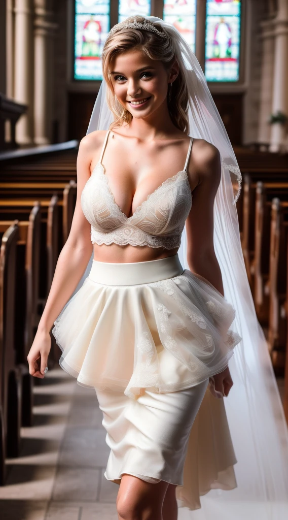 (Father-daughter marriage scene:1.9)), (one ultra sexual 18 year old sexy angelic horny incredibly gorgeous supermodel daughter bride walking with her father:1.7), high quality fingers, high quality hands, detailed fingers, masterpiece, (she is wearing an ultra sexy tight micro-mini bridal skirt:1.7), (realistic, photo-realistic:1.37), (full body:1.5), (masterpiece), best quality, ultra beautiful woman, (thin slender legs:1.5), FF cupped breasts, deep cleavage:1.5, thin waist, perfect teeth, blonde hair, bright blue eyes, cute round bubble butt ass, with a fun quirky smile, unbuttoned blouse, inside a church getting married to her father , view from front