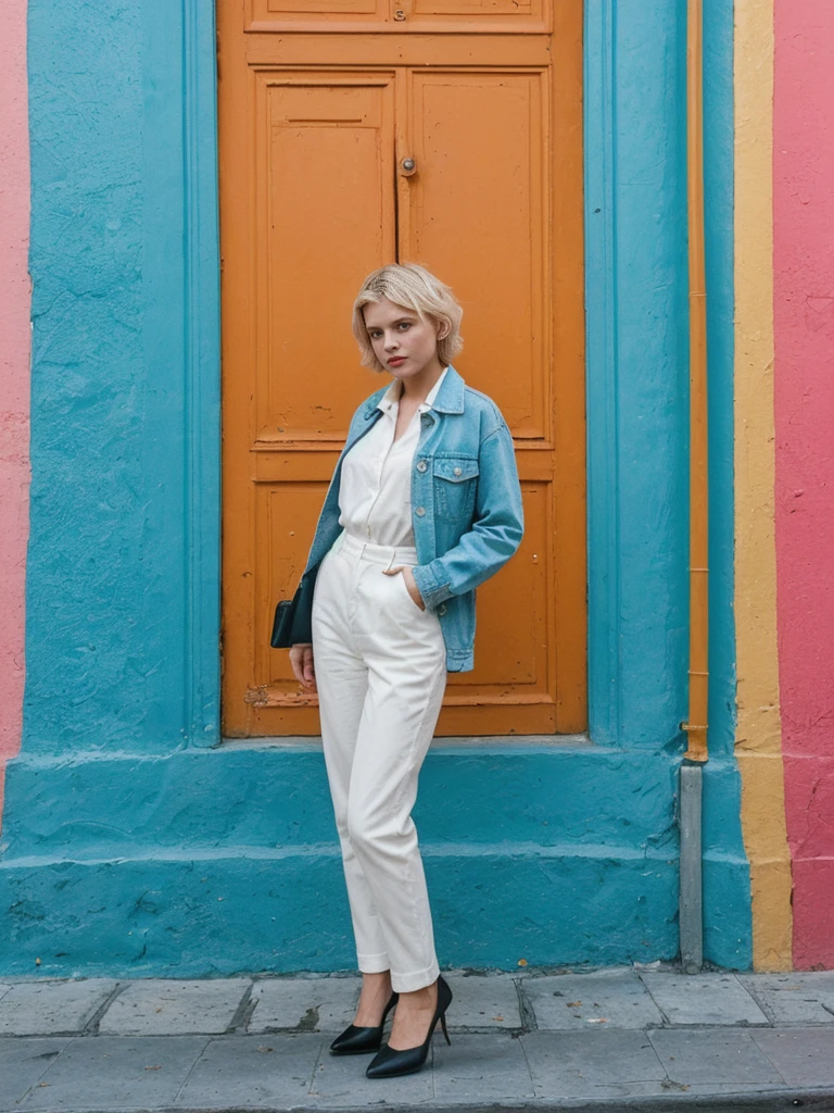 her name is Amelie, high quality, 1girl, ((25-year-old fit Caucasian woman)), ((25 years old)), ((SLIM)), ((short blonde hair)), pose: standing, wearing fashionable Generation-Z modern wear different colored, BACKGROUND:  "In the colorful Caminito Street in La Boca, with vibrant murals and tango dancers."