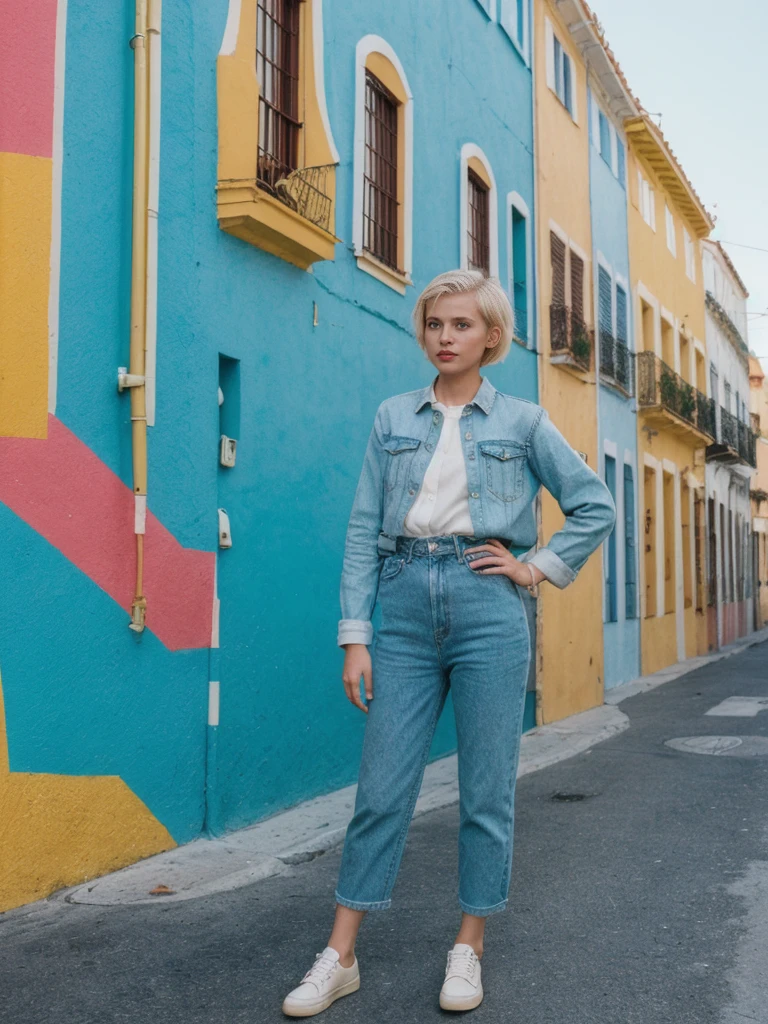 her name is Amelie, high quality, 1girl, ((25-year-old fit Caucasian woman)), ((25 years old)), ((SLIM)), ((short blonde hair)), pose: standing, wearing fashionable Generation-Z modern wear different colored, BACKGROUND: "In the colorful Caminito Street in La Boca, with vibrant murals and tango dancers."