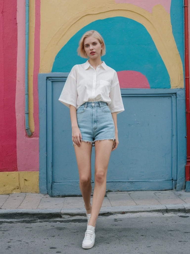 her name is Amelie, high quality, 1girl, ((25-year-old fit Caucasian woman)), ((25 years old)), ((SLIM)), ((short blonde hair)), pose: standing, wearing fashionable Generation-Z modern wear different colored, BACKGROUND:  "In the colorful Caminito Street in La Boca, with vibrant murals and tango dancers."