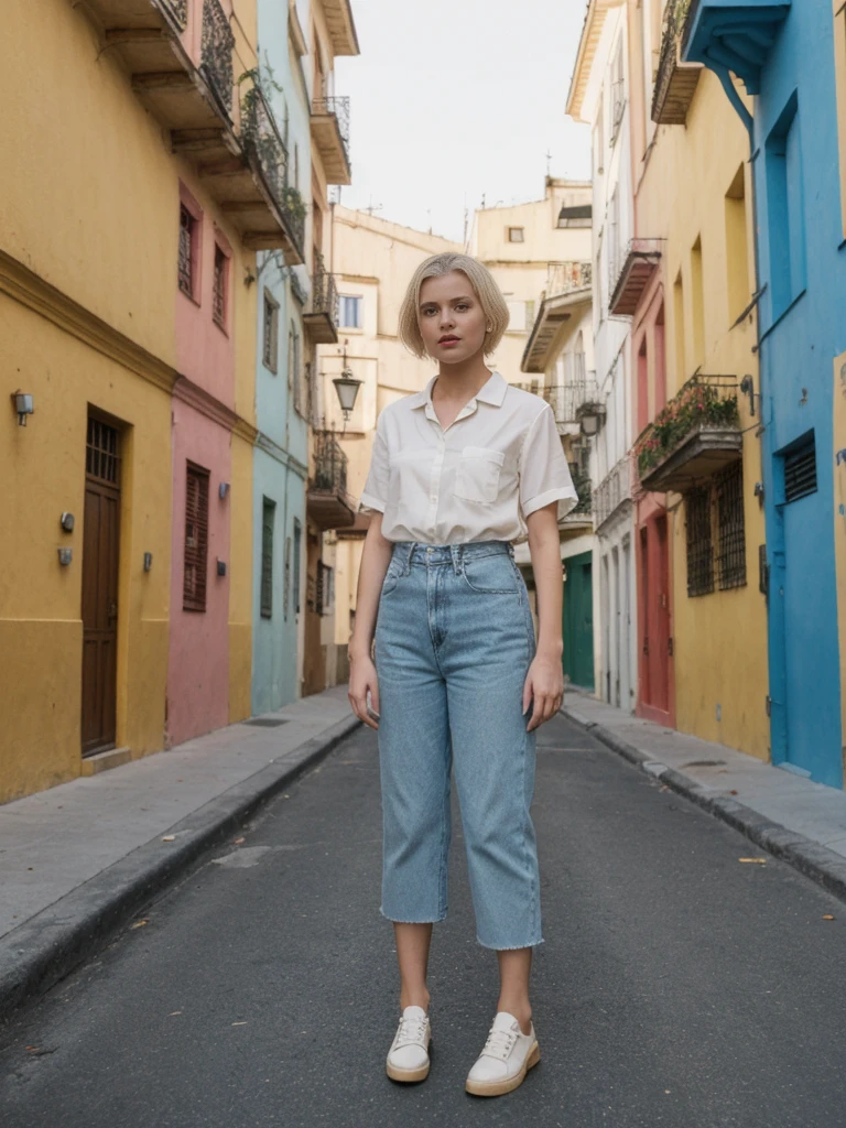 her name is Amelie, high quality, 1girl, ((25-year-old fit Caucasian woman)), ((25 years old)), ((SLIM)), ((short blonde hair)), pose: standing, wearing fashionable Generation-Z modern wear different colored, BACKGROUND: "In the colorful Caminito Street in La Boca, with vibrant murals and tango dancers."