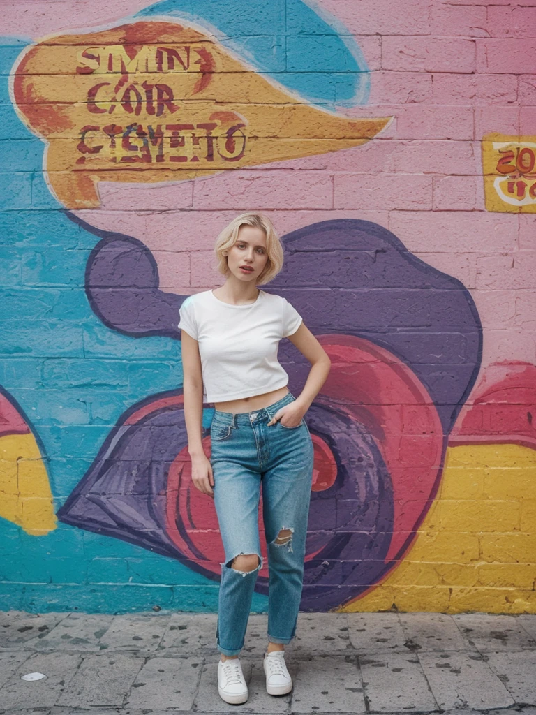 her name is Amelie, high quality, 1girl, ((25-year-old fit Caucasian woman)), ((25 years old)), ((SLIM)), ((short blonde hair)), pose: standing, wearing fashionable Generation-Z modern wear different colored, BACKGROUND: "In the colorful Caminito Street in La Boca, with vibrant murals and tango dancers."