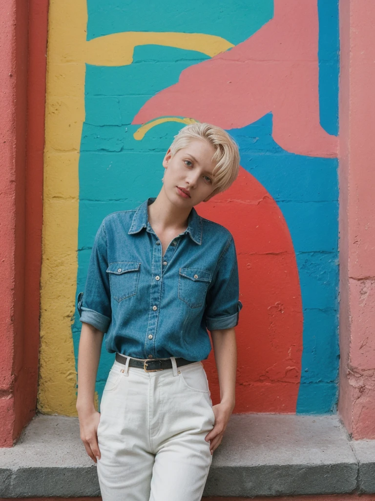 her name is Amelie, high quality, 1girl, ((25-year-old fit Caucasian woman)), ((25 years old)), ((SLIM)), ((short blonde hair)), pose: standing, wearing fashionable Generation-Z modern wear different colored, BACKGROUND:  "In the colorful Caminito Street in La Boca, with vibrant murals and tango dancers."