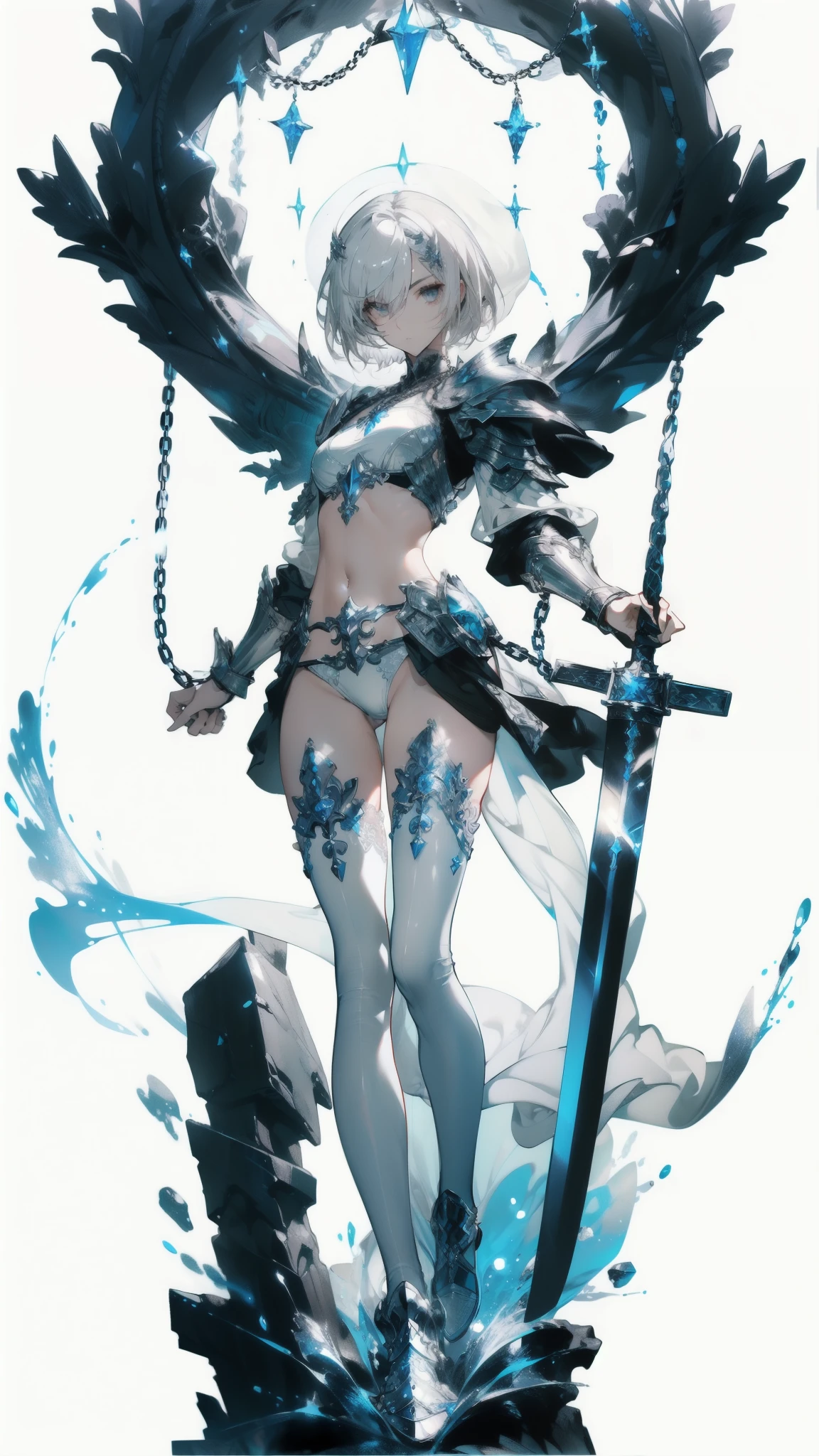 ((masterpiece, best quality)), Delicate face，knight，Long Sword，Standing picture，whole body，Perfect body proportions，Long legs，Handsome short hair，Beautiful silver eyes，Fantasy style，White background，Extremely beautiful，transparent，Pure white armor，Sexy bikini，chain，Tattoo，Lace，exposed