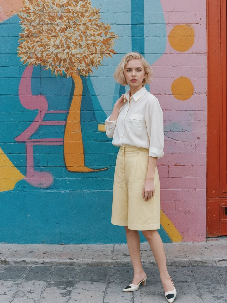 her name is Amelie, high quality, 1girl, ((25-year-old fit Caucasian woman)), ((25 years old)), ((SLIM)), ((short blonde hair)), pose: standing, wearing fashionable Generation-Z modern wear different colored, BACKGROUND: "In the colorful Caminito Street in La Boca, with vibrant murals and tango dancers."