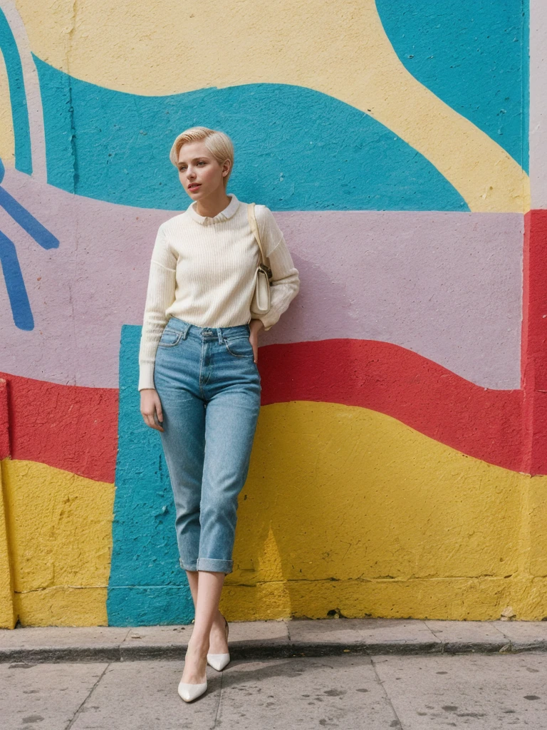 her name is Amelie, high quality, 1girl, ((25-year-old fit Caucasian woman)), ((25 years old)), ((SLIM)), ((short blonde hair)), pose: standing, wearing fashionable Generation-Z modern wear different colored, BACKGROUND: "In the colorful Caminito Street in La Boca, with vibrant murals and tango dancers."