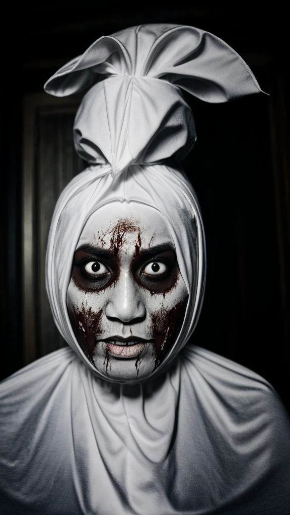 Half body shoot. At banana leaf ,.Pocong . Ghost.(( Scary face.))((White eyes)) Skeleton. Movie mood horror. Blood on face. ((Realistic)). Big eyes. White eyes.((solo)). At banana leaves . Ripped skin. Skeleton